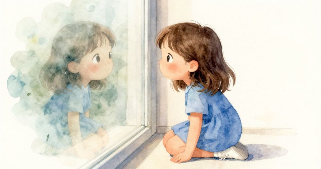 菲歐娜凝視著透明玻璃窗,反映出室內溫暖光影,她神情沉思,感受日常中的微妙奇蹟。