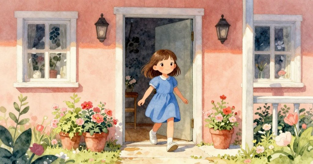 菲歐娜邁出家門,走向陽光明媚的門廊,背後顯現出生氣蓬勃的小花園,充滿清新與期待。