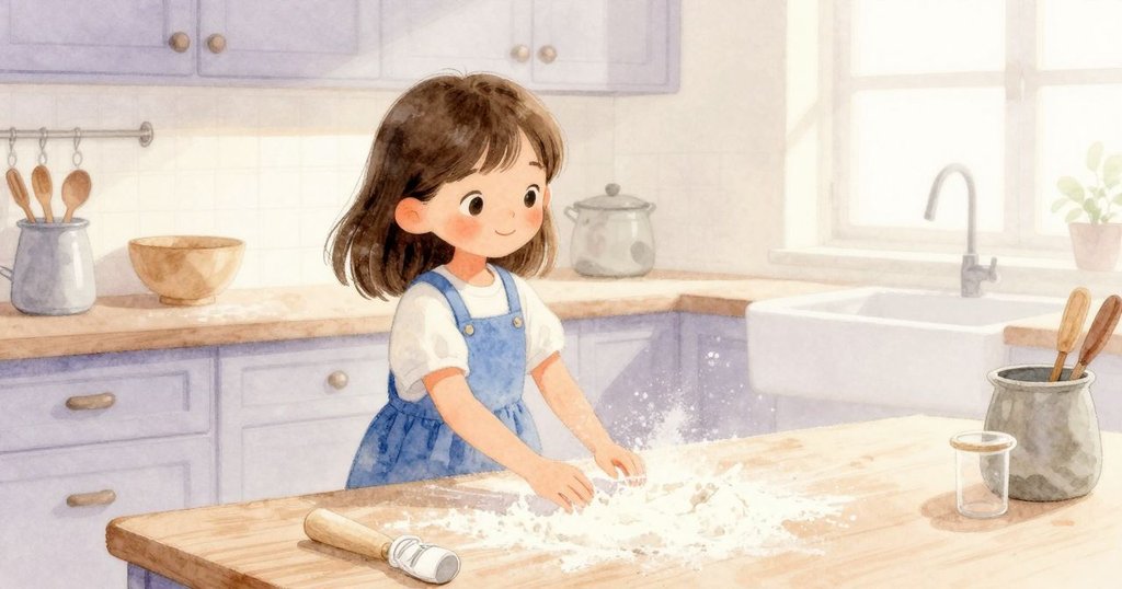 菲歐娜與家中長者在溫馨廚房裡互動,櫃檯上散布著一點點麵粉,晨光透入,充滿親情與歡樂。