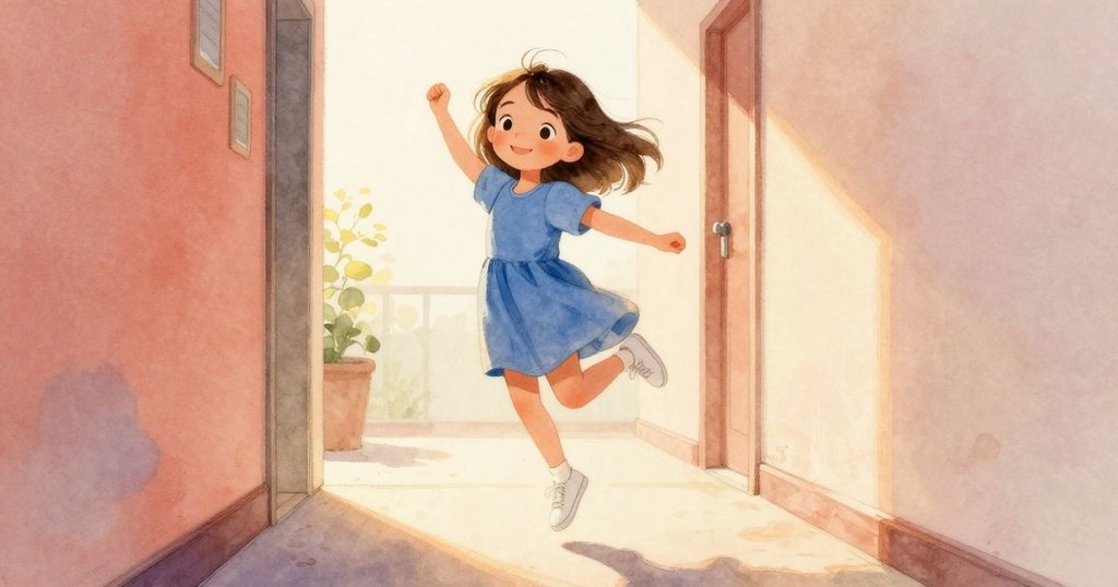 菲歐娜在夕陽映照的走廊裡快樂地跳躍,金色光芒灑下,動感十足,滿懷喜悅迎接一天的完美結尾。