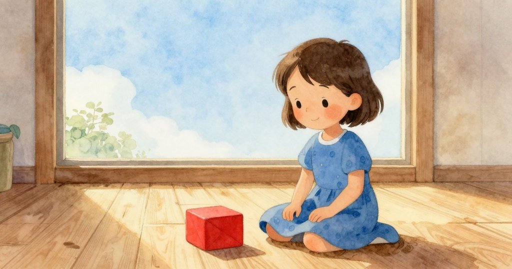 Gwen 坐在墊子上,靜靜欣賞紅色積木與盒子,室內陽光溫暖,帶著期待與安靜情緒