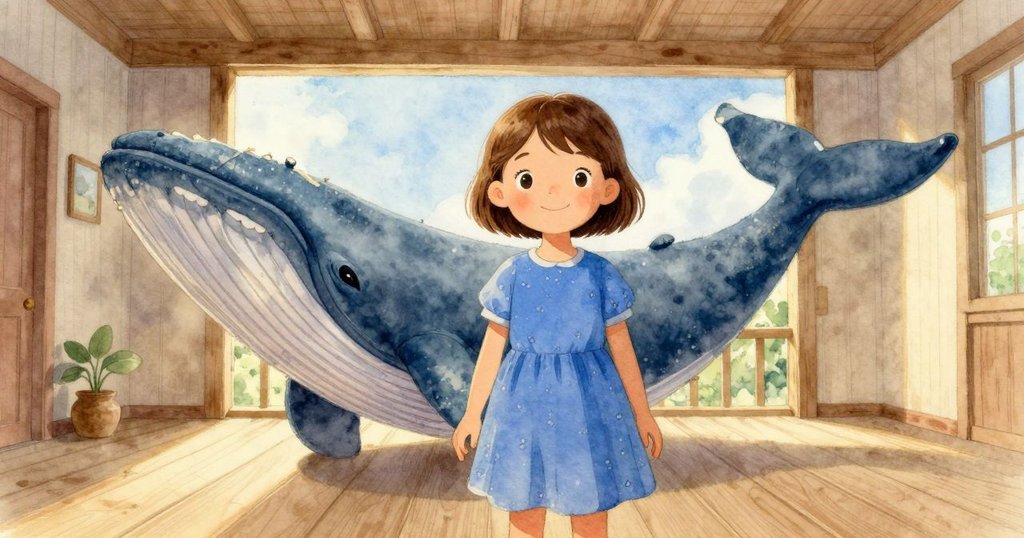 Gwen 手持寬大鯨魚積木,從低角度展現堅定神情及積木相互推動的動感,陽光普照