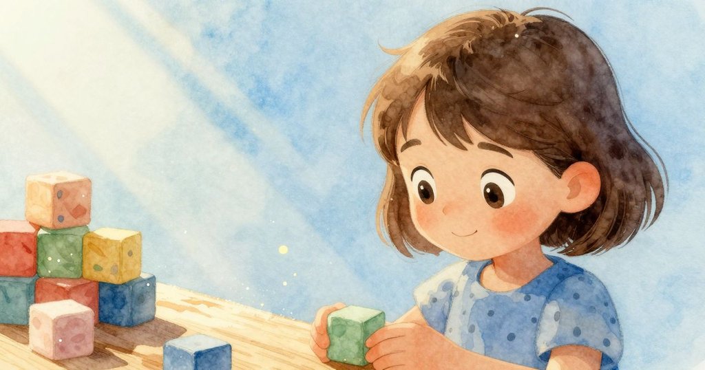 Gwen 輕放樹形積木於松鼠旁,微塵隨光芒舞動,木地板細節豐富,營造出夢幻般的氛圍