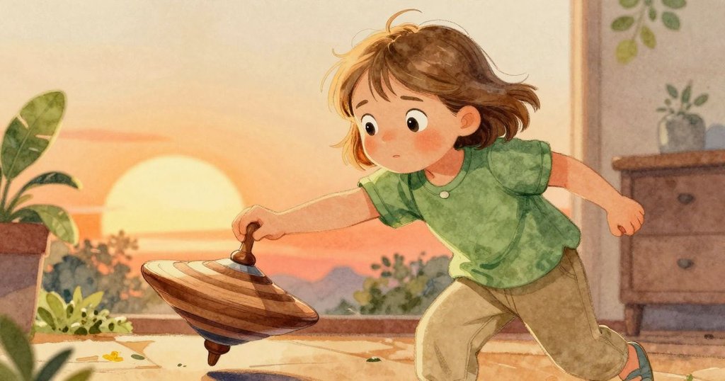 Bea 穩固高塔積木,手肘輕碰旋轉木製陀螺,展現活力與動感,暖色光芒映照室內