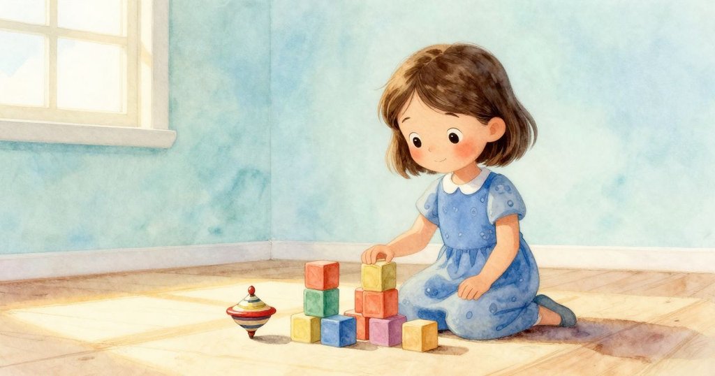 Gwen 注視整齊排列的積木與旋轉陀螺,面帶期待與微笑,室內空間明亮開闊,迎向新旅程