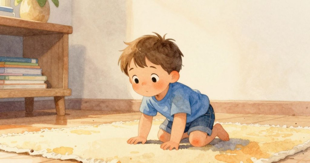 在溫暖的早晨光線中,Wade在柔軟墊子上爬行,探索低矮木架,表情充滿好奇,開始他的小冒險。