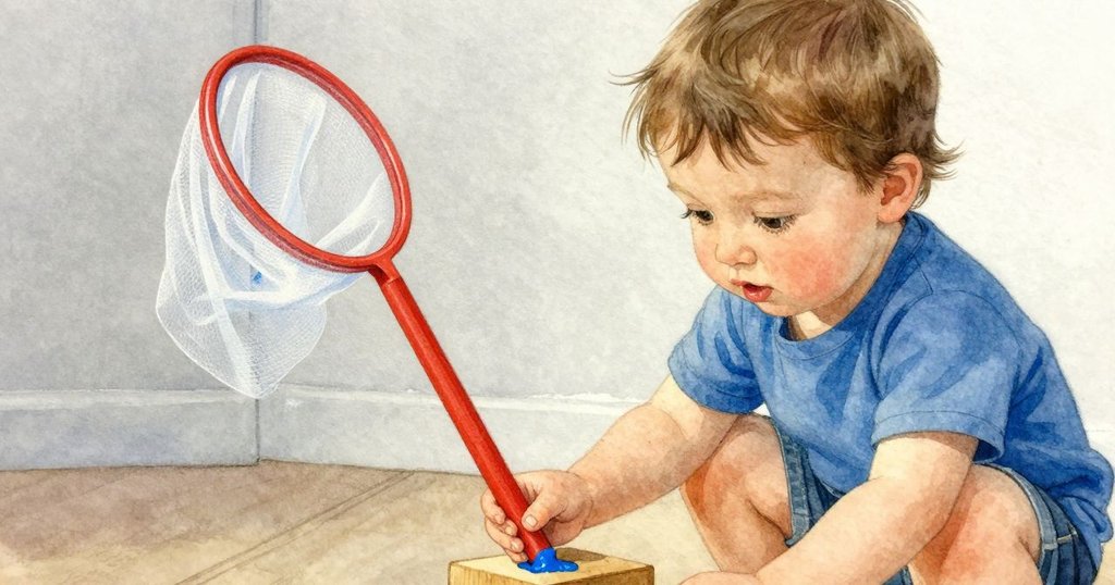 Wade注意到地上小抓網及藍色油漆滴,細節明顯,充滿童趣與探究精神。