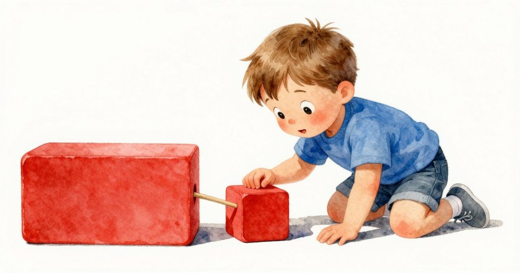 Wade一邊爬向木架,一邊注視被細棍遮擋的紅積木,畫面二分展示動作轉換,呈現探索與思索情境。