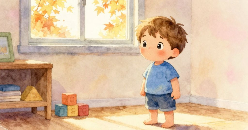Wade在室內觀察積木,窗外秋葉飄落,溫暖色調與室內細節交織,營造出季節氛圍和舒適感。