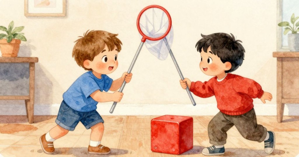 Wade推動抓網,Gareth專注注視,兩人合作拆解障礙,展現出探索與團隊精神的和諧互動。