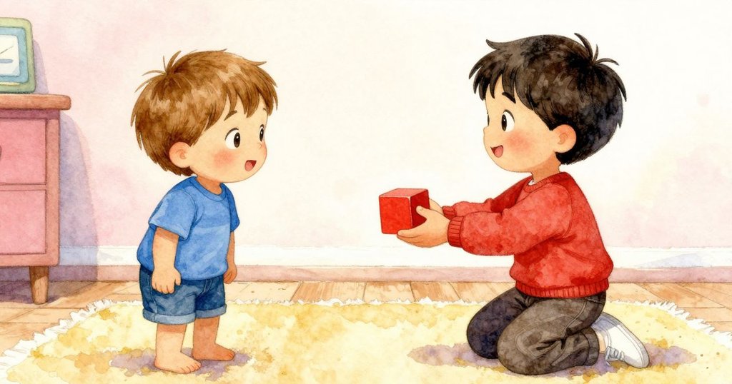 Wade將紅積木遞給Gareth,兩人微笑揮手告別,柔軟墊上呈現新濕痕,溫馨結束了一段充滿發現與合作的冒險。