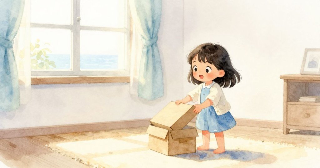 Nell在室內靜謐時刻輕輕打開盒子，表情充滿好奇與期待，晨光柔和灑入整個房間。