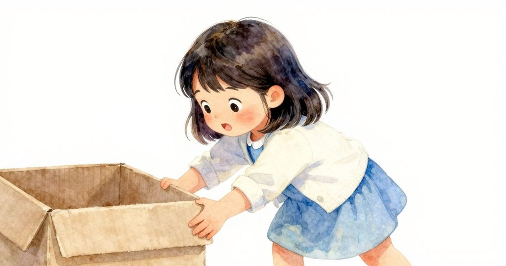 Nell細心推動積木試圖撬動盒蓋，室內光線柔和變換，展現奮力嘗試的溫暖瞬間。