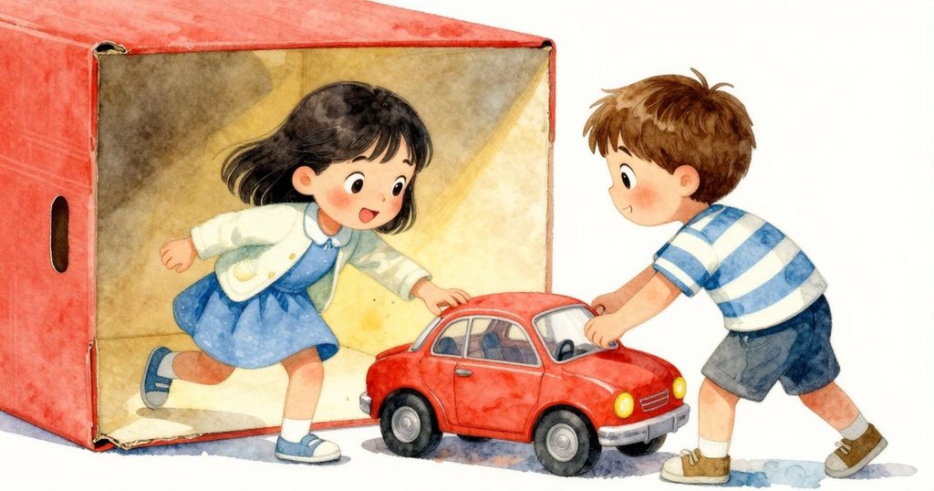 Nell與Joel互動交換玩具車，積木盒隨著推動輕微搖晃開始打開，充滿合作與活力的場景。