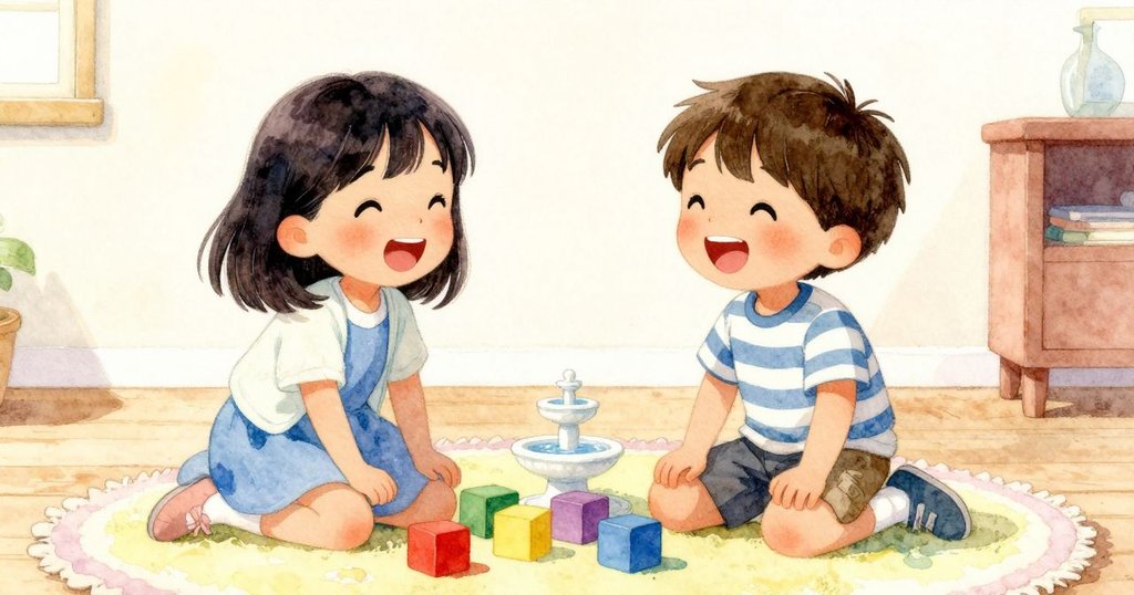 Nell與Joel面帶笑容在墊上玩耍，彩色積木亂舞中展現小噴泉畫作的驚喜與快樂瞬間。