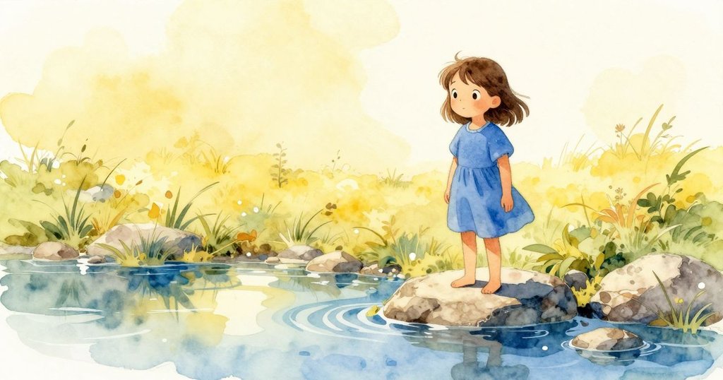 芬娜站在岩石上，注視著逐漸消失的小水坑，溫暖陽光灑落自然景致中，展現寧靜與期待的心情