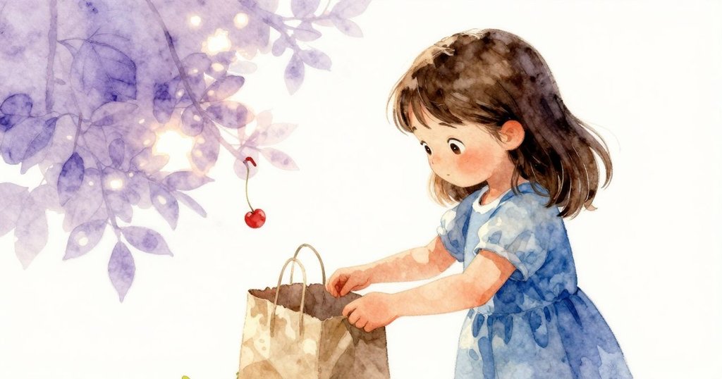 芬娜伸手檢查附近掛著的市場紙袋，把手輕輕搖擺，旁邊有玩具螃蟹點綴自然光影