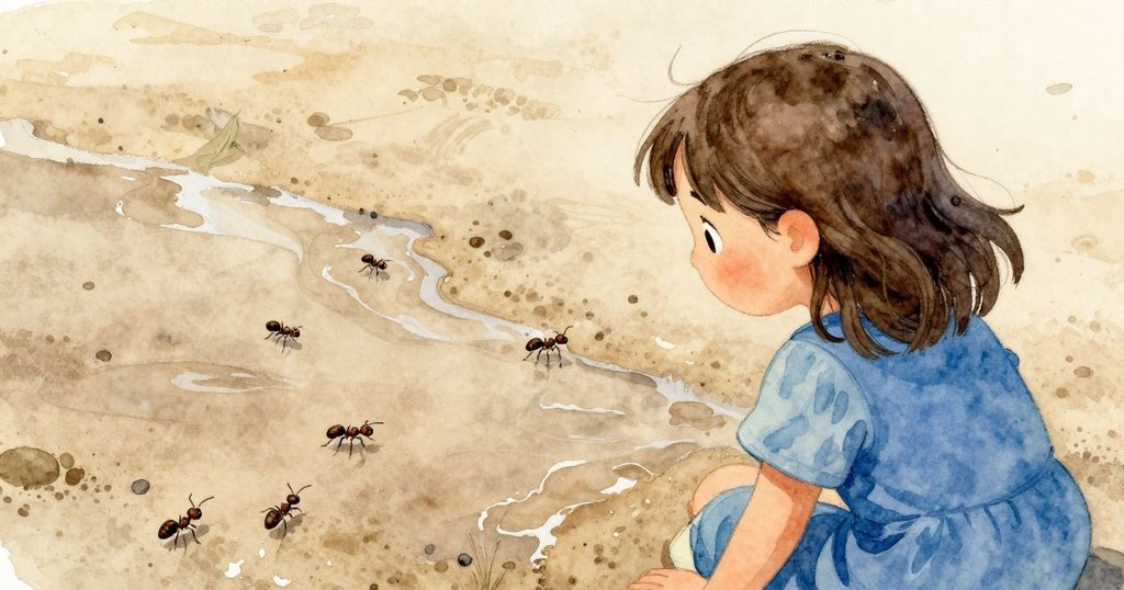 芬娜從背後回首望向僅剩濕沙閃爍的小水坑，螞蟻忙碌其上，光影柔和自然流動