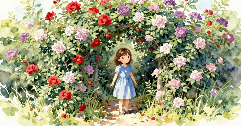 芬娜踏入由野玫瑰環繞的隱秘花園角落，光影交錯下展現探索新空間的溫柔心情