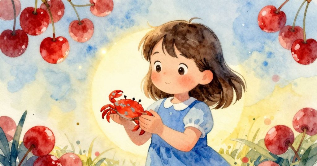 芬娜滿懷喜悅地捧起玩具螃蟹，臉上展現驚奇笑容，細小生物環繞共享自然奇妙時刻