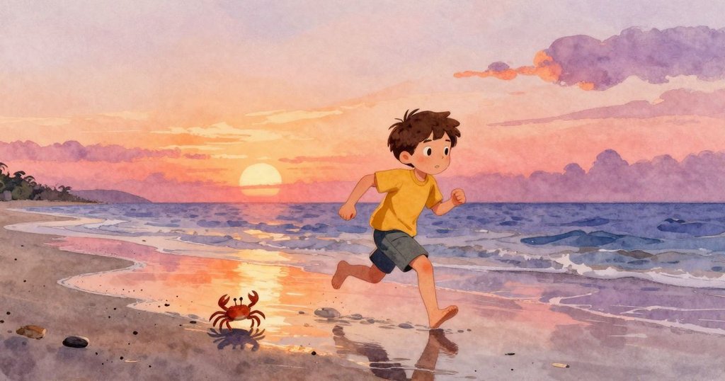 米爾斯在閃光沙灘上奔跑，小螃蟹橫行，海浪泡沫閃爍，展現晨光中探索冒險的開端