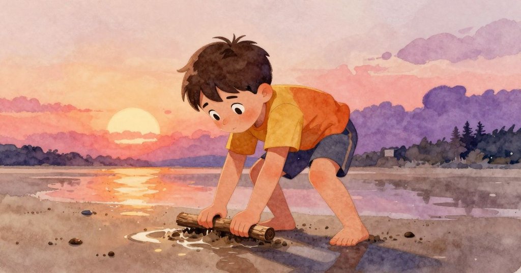 米爾斯在傾斜視角下，堅定地將樹枝插進光滑沙灘，充滿決心迎接挑戰，場景動感十足