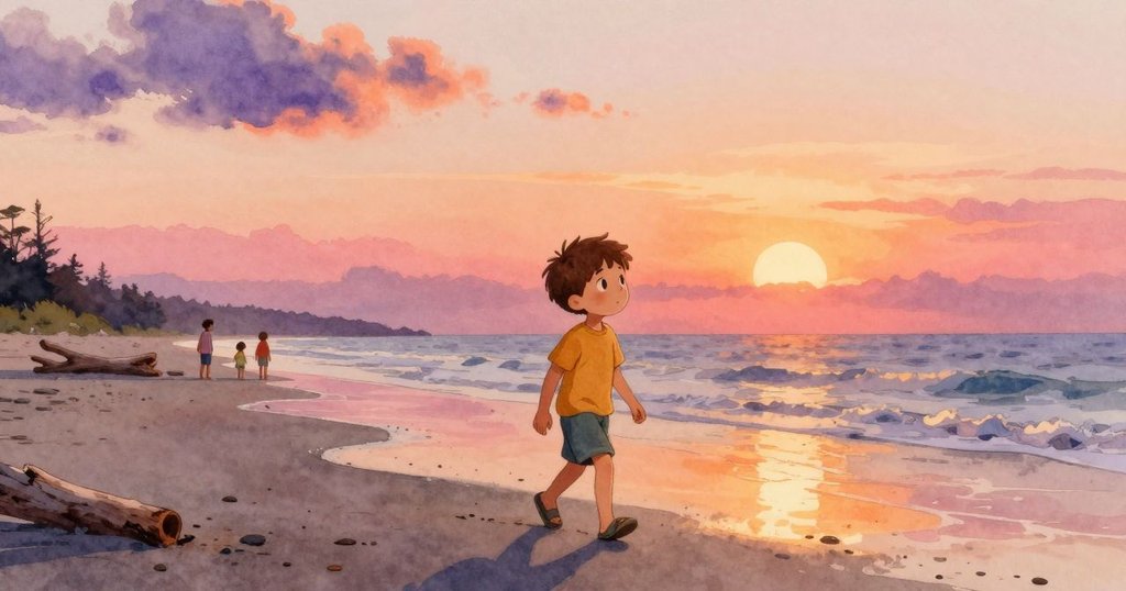 米爾斯走在逐漸乾燥的沙灘上，背景漂流木旁的家庭隱約可見，展現午後時光的轉變與溫暖氣息