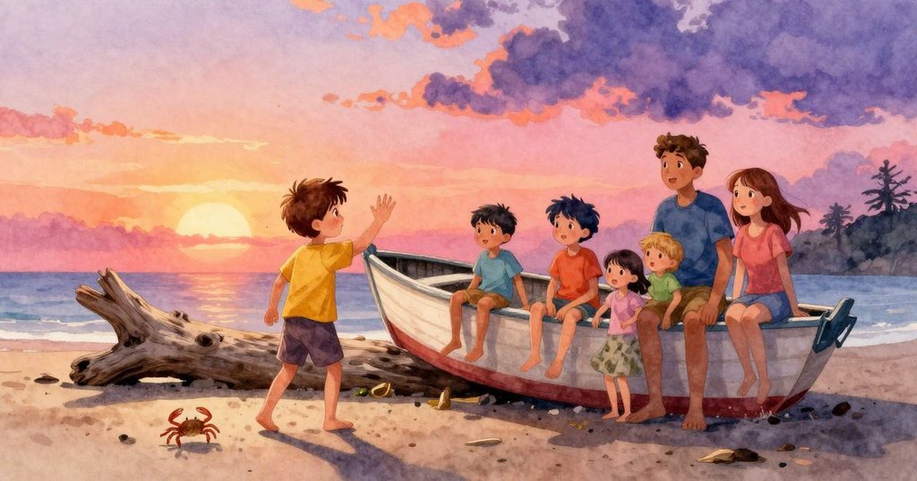 米爾斯向漂流木旁聚集的家庭揮手，同時小螃蟹穿越傾斜小船，貝殼構成奇妙房屋，展現熱情互動