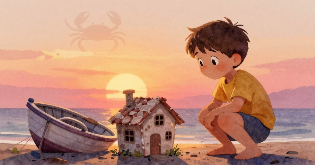 米爾斯蹲在貝殼小屋旁，傾斜船影隨夕陽映照，小螃蟹逐漸隱去，整個場景充滿溫暖黃昏情懷