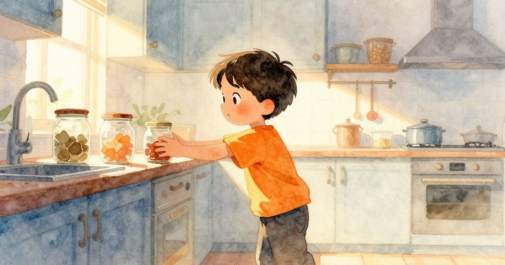 Yves在明亮廚房中伸手抓瓶蓋,廚房充滿晨霧與柔和陽光,表情專注且充滿期待