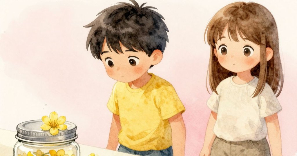 Yves的手仔細檢查瓶蓋和旁邊的黃色花朵,光影細膩呈現物品細節,充滿認真與期待