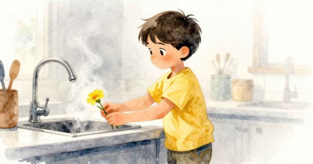 Yves在櫃台前注視著從水龍頭冒出的蒸氣,輕柔地將黃色花朵放入瓶中,動作細膩且充滿專注