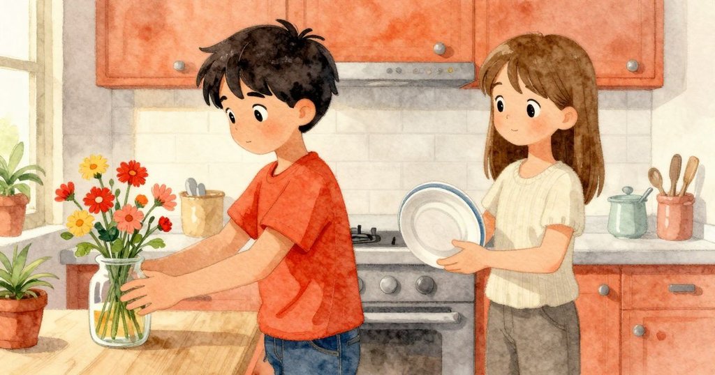 在溫暖廚房中,Yves小心將花朵放入瓶中,Juno在一旁擦乾盤子,兩人互動展現出平靜與關懷