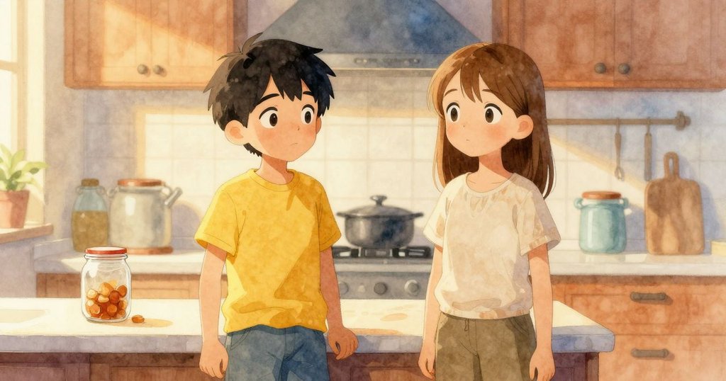 在陽光灑落的廚房櫃台上,打開的瓶子象徵著耐心與努力的成果,場景充滿溫暖和寧靜