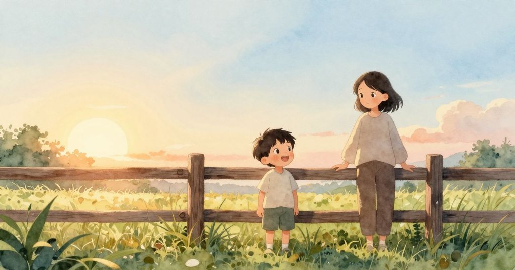 Sam 與大人在木柵欄前靜坐,溫暖晨光灑落,輕柔微風吹拂,神情平靜且充滿期待