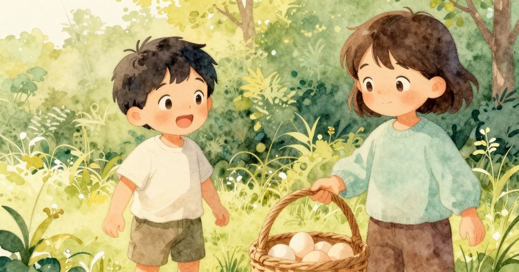 Sam 所在戶外場景中,精緻草編籃子內放著一打蛋,光影柔和,細節豐富