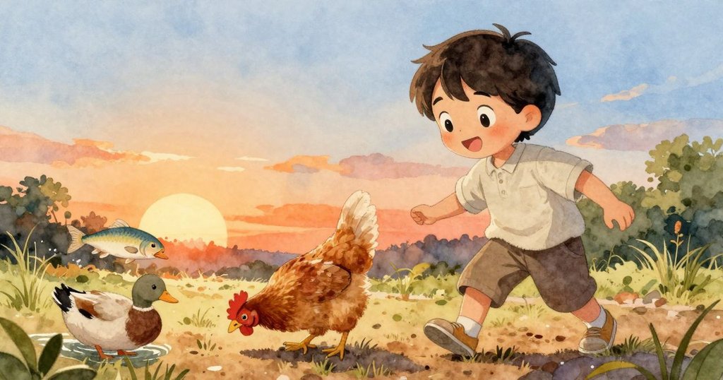 門邊雞仔忙著啄食,池中鴨子靈活游動,銀魚在水面躍動,熱鬧生動的景象