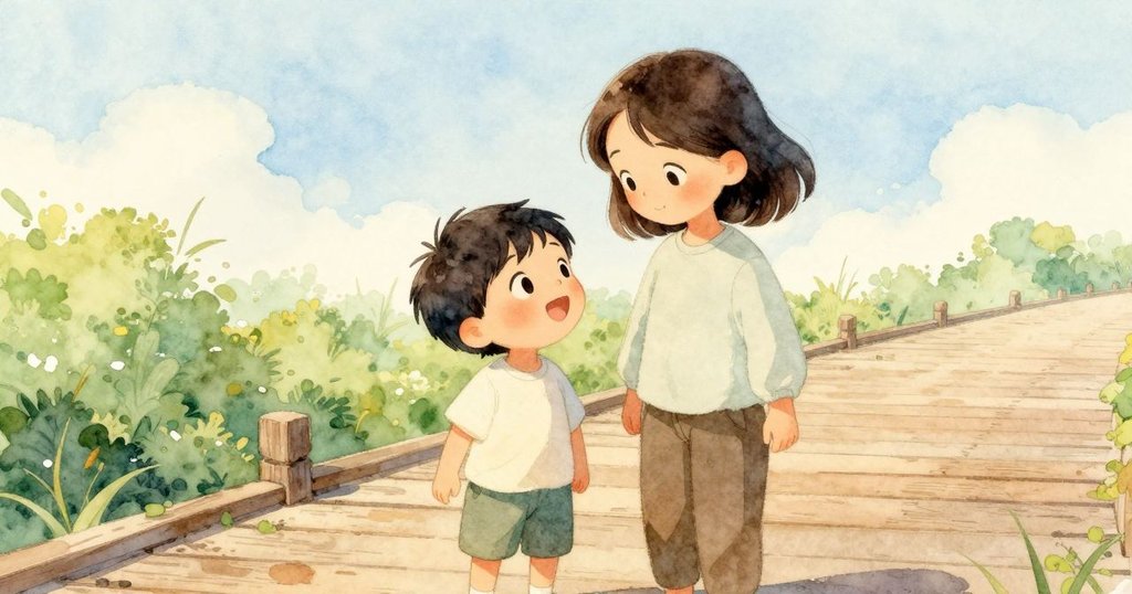 Sam 與大人於木板路上重逢,共同欣賞自然轉變,臉上流露出驚喜與溫暖笑容