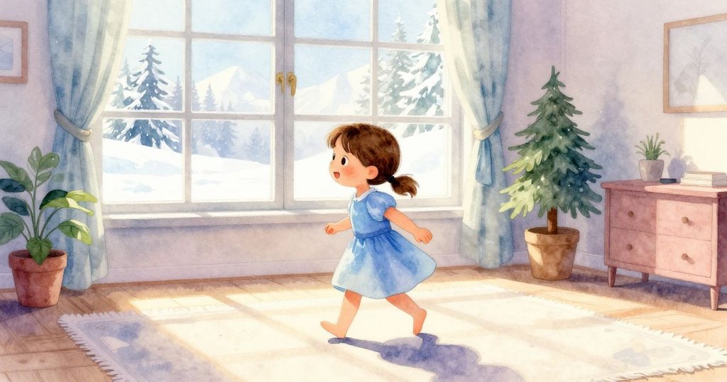 Lena在溫馨房間中踏上軟墊，紅色積木斜靠一旁，晨光灑落玩具散落，故事開始充滿生氣