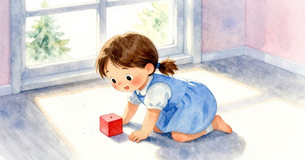 從窗邊高角度俯視，Lena爬行於地墊上，注意到紅積木旁淡灰新痕，晨光柔和照映室內細節