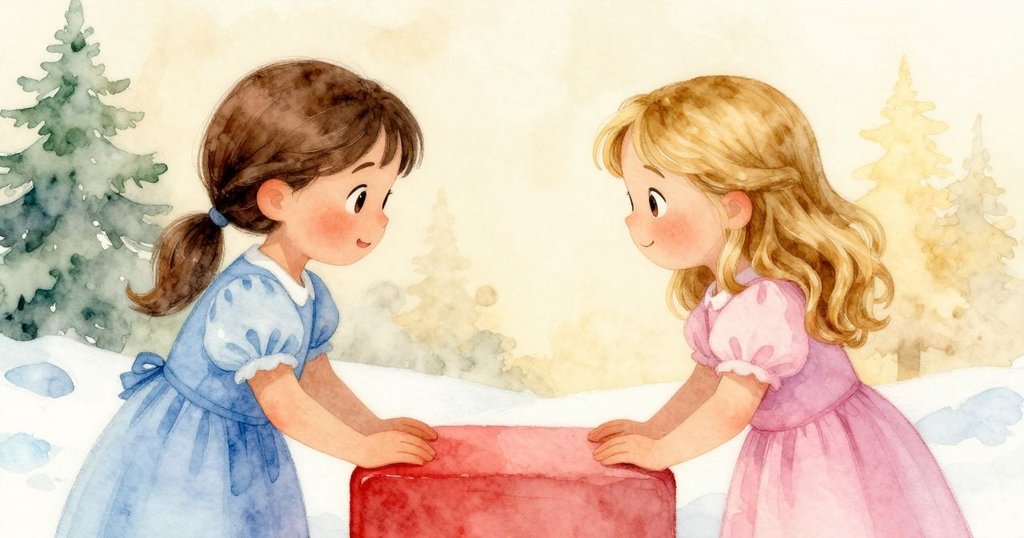 Lena與Oona面帶溫柔微笑向安靜紅積木告別，室內充滿柔和金色光影，故事尾聲平靜溫暖