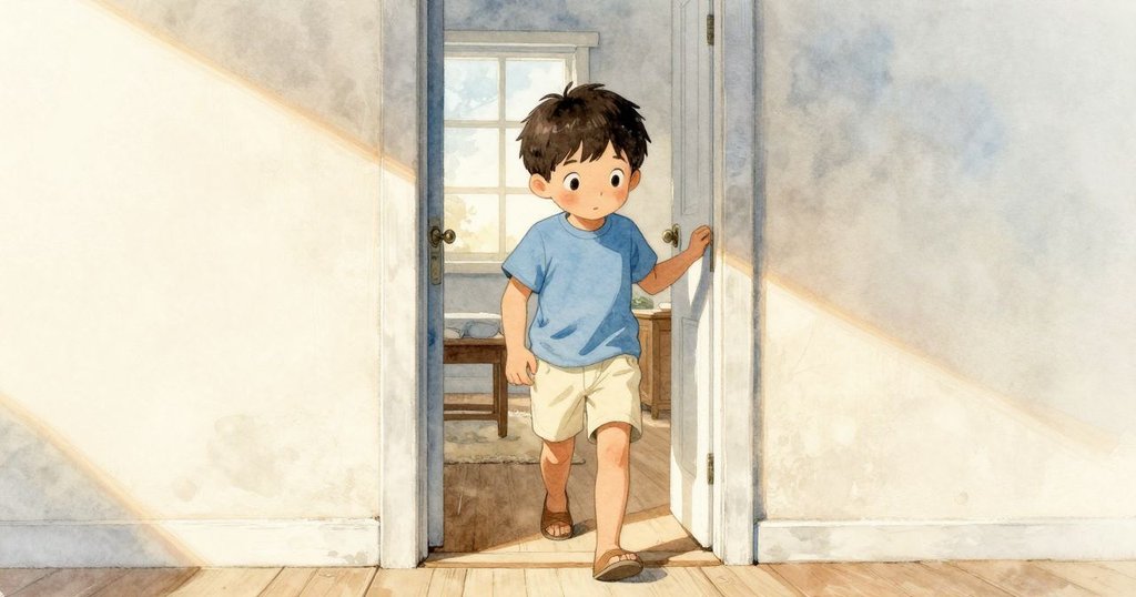 特洛伊懷著好奇心走進家中，明亮的晨光穿透門外，充滿溫馨氣氛的起始場景