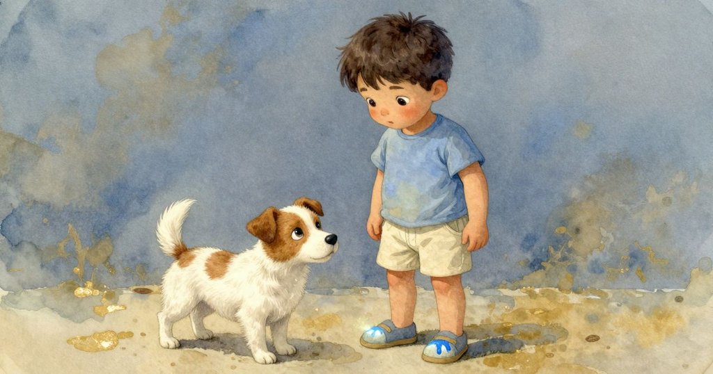 在室內柔和光線下，特洛伊留意鞋上滴著的藍色油漆，散發著創意與寧靜的象徵意義