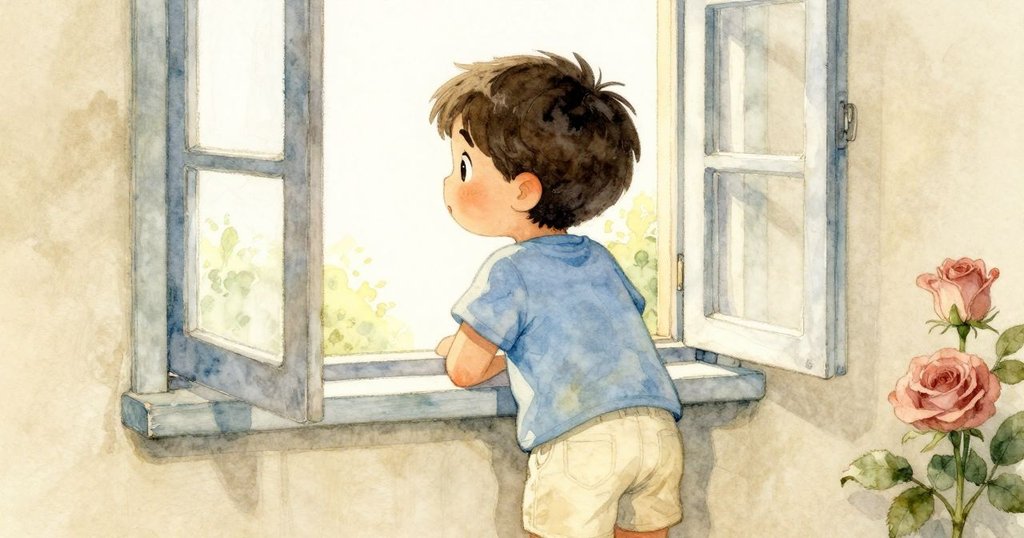 特洛伊站在窗邊，透過窗框看見晨光灑落，室內溫暖氛圍中展現出沉思與期待