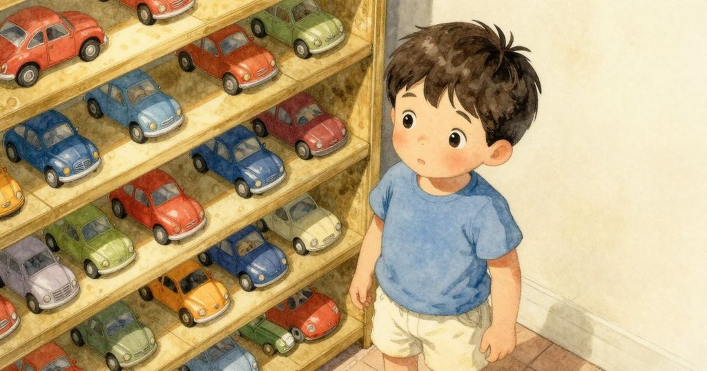 從高角度俯視房間，映出陽光下排列整齊的玩具車與書架，特洛伊靜坐其中感受生活韻律