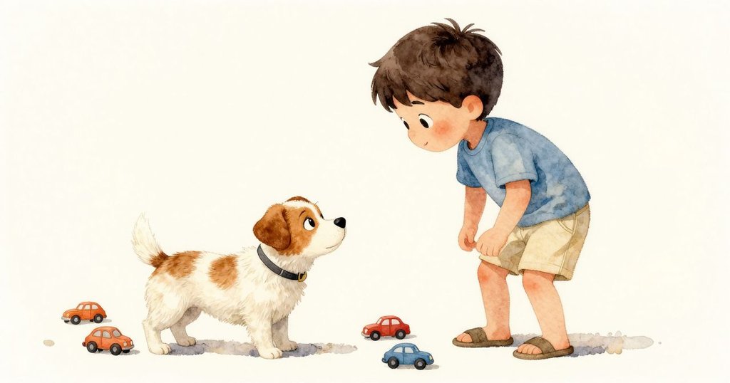 特洛伊與寵物米洛在散落的玩具車旁互動，臉上充滿喜悅，室內溫暖光線下洋溢著愉快氣氛