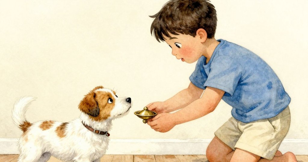 特洛伊溫柔地將旋轉玩具傳遞給米洛，近鏡頭捕捉兩者信任與喜悅的眼神，室內光線溫暖迷人