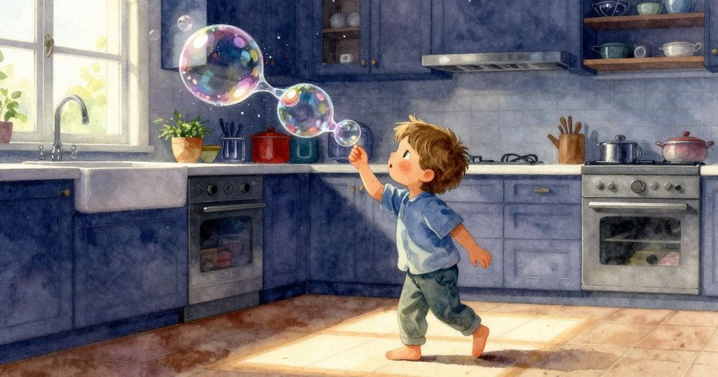 霍利斯在溫暖的廚房中跟隨著上升的亮泡泡，晨光灑入窗外，充滿好奇與期待感。