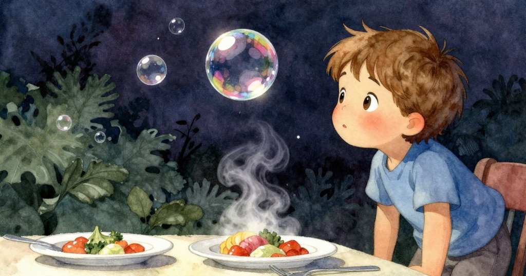 霍利斯注視著漂浮的泡泡和蒸氣環繞的午餐盤，臉上流露出驚奇與夢幻，在明亮廚房中細膩呈現。