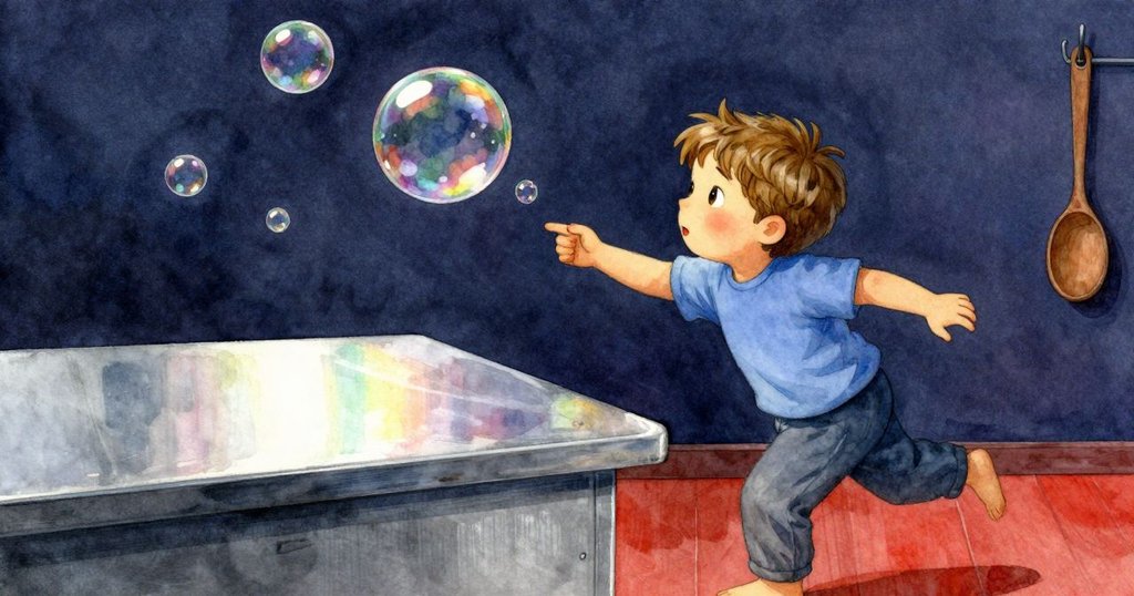 廚房中分幕呈現，泡泡在光影中搖擺，霍利斯追趕著泡泡，木製湯匙靜懸牆上，動感十足。